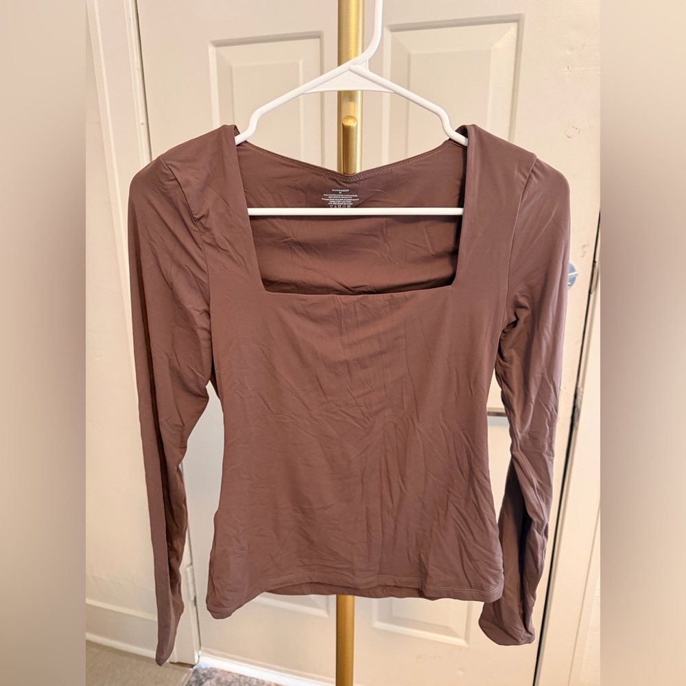 Long Sleeve Brown Square Neck Top